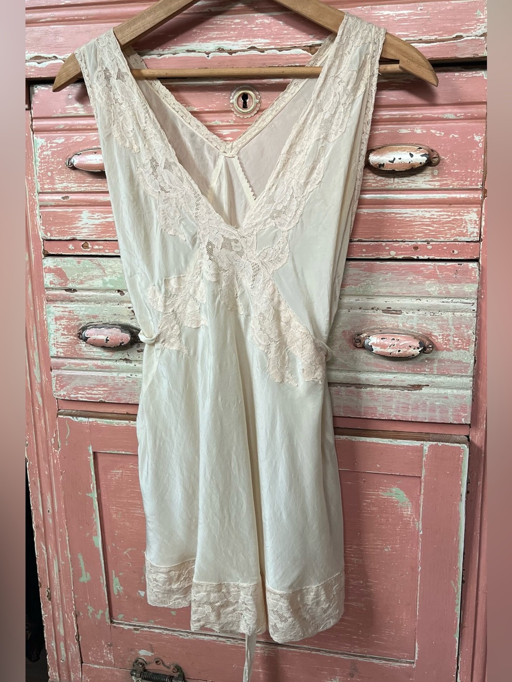 Vintage Art Deco Rayon Cream Lace 40s Bias Cut Lingerie Tunic Blouse Top S/M